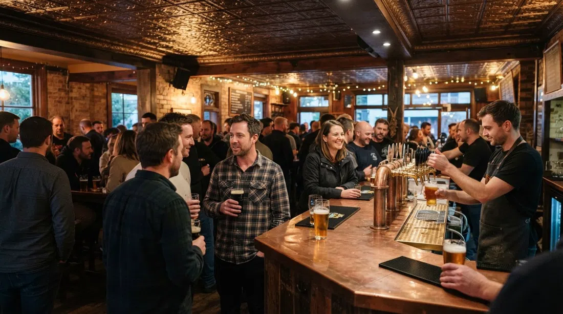 the warm, tin-ceilinged interior of The Lumsden Freehouse at dusk, pints on the bar and after-work crowd gathering around the taps