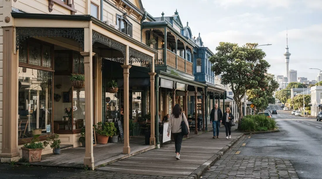 restored wooden shopfronts and verandahs along Parnell Road in soft morning light, with leafy street trees and a quiet ridge-top footpath