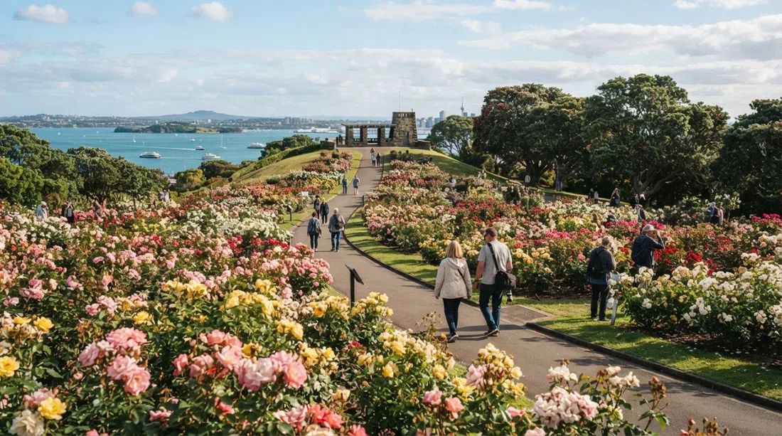 the Parnell Rose Garden in full bloom at Dove-Myer Robinson Park, themed rose beds leading toward the Fred Ambler Lookout and harbour beyond