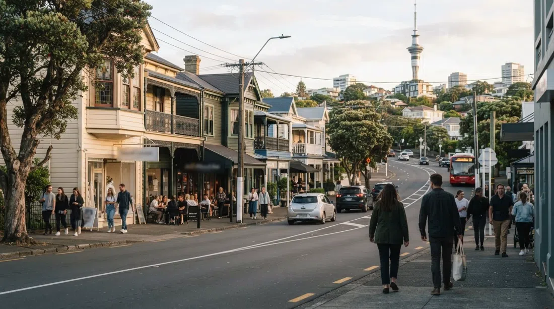 Ponsonby Road at late afternoon, restored timber villas turned restaurants and boutiques lining the ridge under soft Auckland light