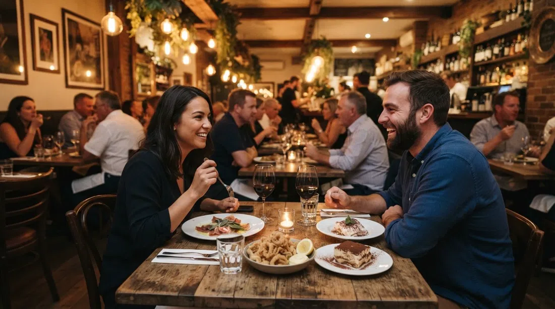 the dining room at Prego on Ponsonby Road, warm evening light over plates of saltimbocca, calamari and tiramisu on a neighbourhood table