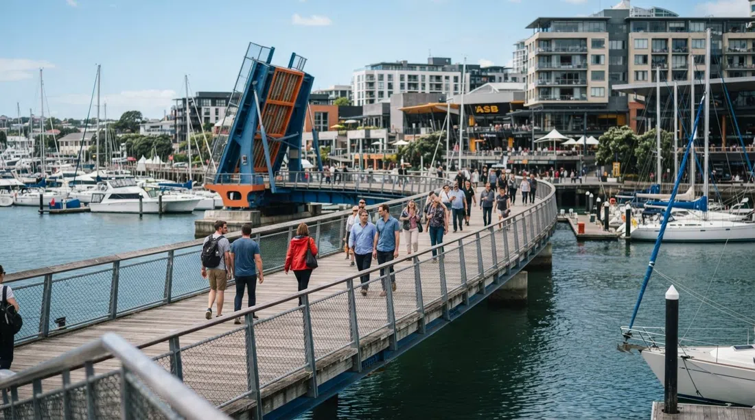 the Te Wero Bridge boardwalk crossing the marina, pedestrians on the lifting footbridge with Wynyard Quarter visible beyond