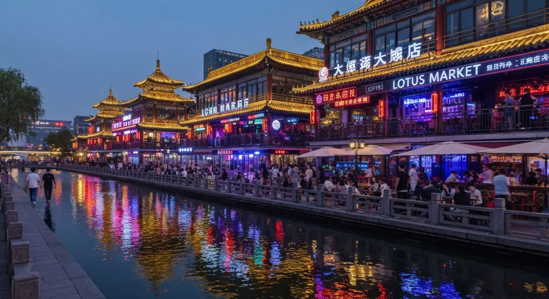 the Lotus Market bar strip on Qianhai at night, neon signs reflected in the water and crowds passing between outdoor terraces with live music