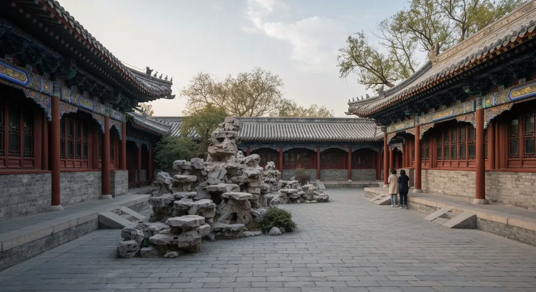 Prince Gong's Mansion garden path with rockeries, pavilions and old timber architecture in soft afternoon light, a quiet imperial courtyard scene