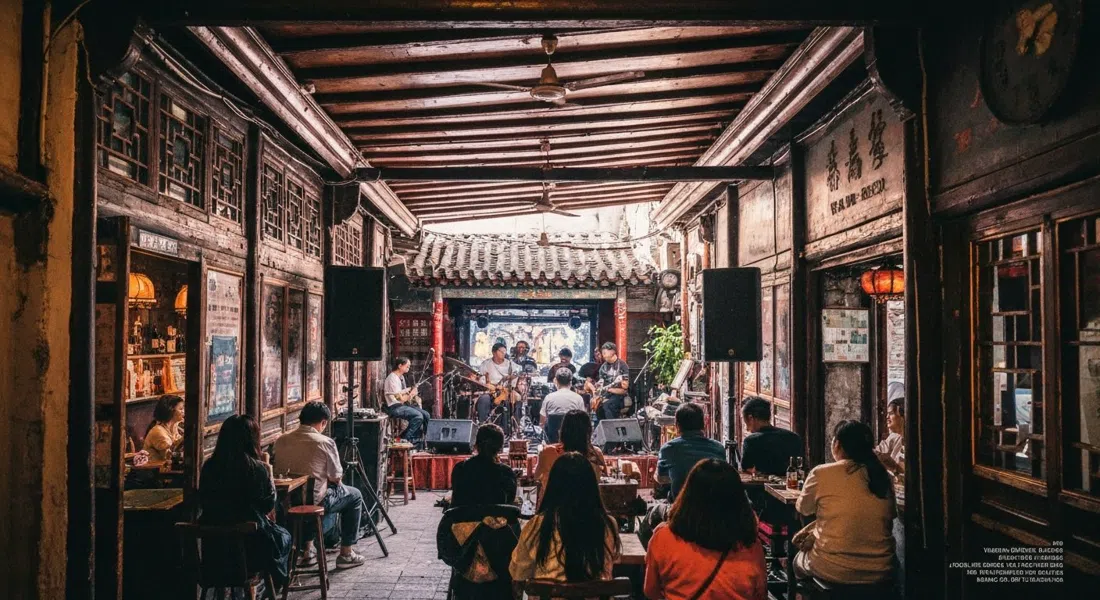the narrow interior of V.A. Bar at No. 13, Wudaoying Hutong, with a small stage, compact sound system and a crowd gathered for a live jam session