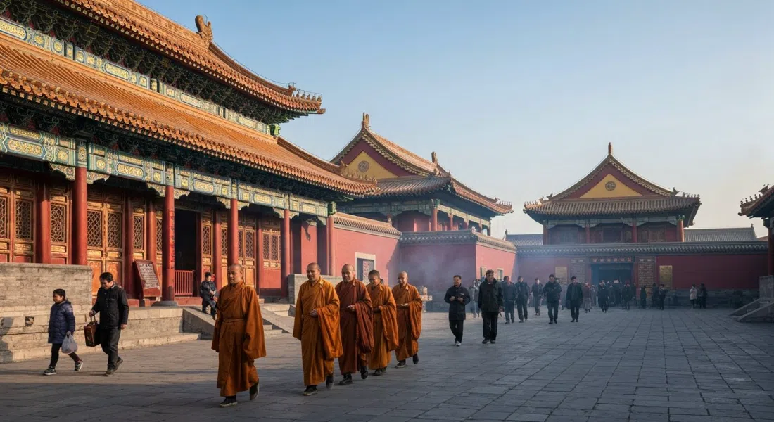 pilgrims and monks moving through the Lama Temple courtyards near the Zhaotai Gate, with incense smoke and yellow roofs under a clear Beijing morning sky