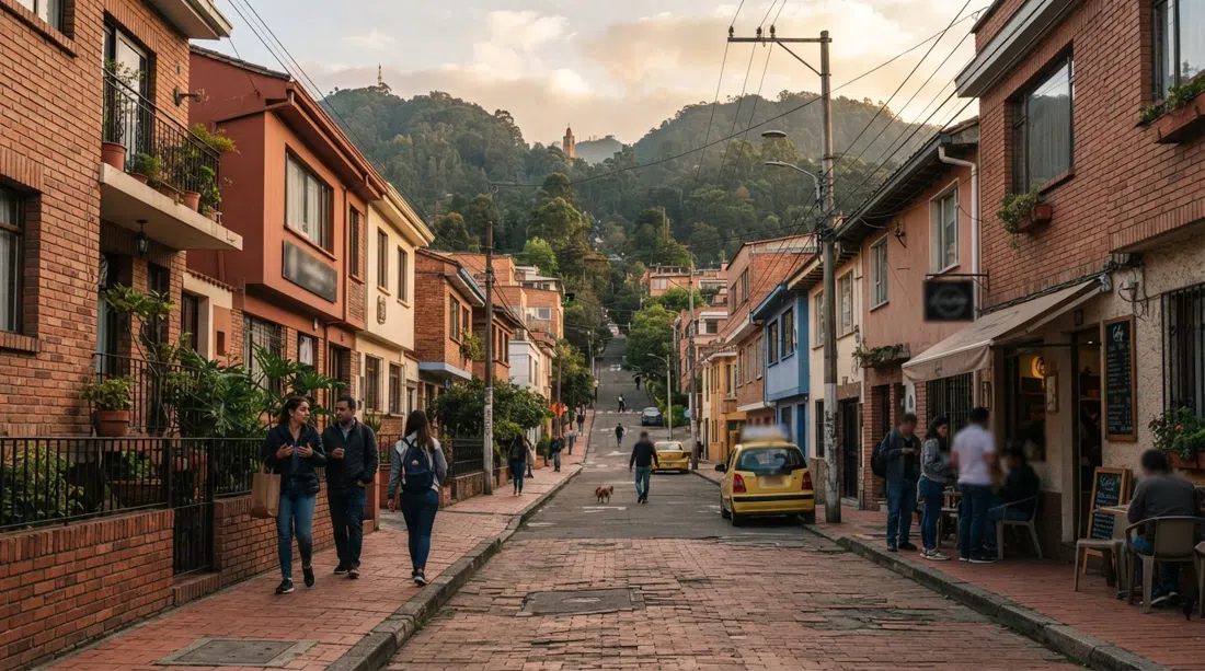 steep red-brick streets of Chapinero Alto climbing toward Bogotá’s eastern hills in late afternoon light, with converted 1940s houses and café fronts along the block