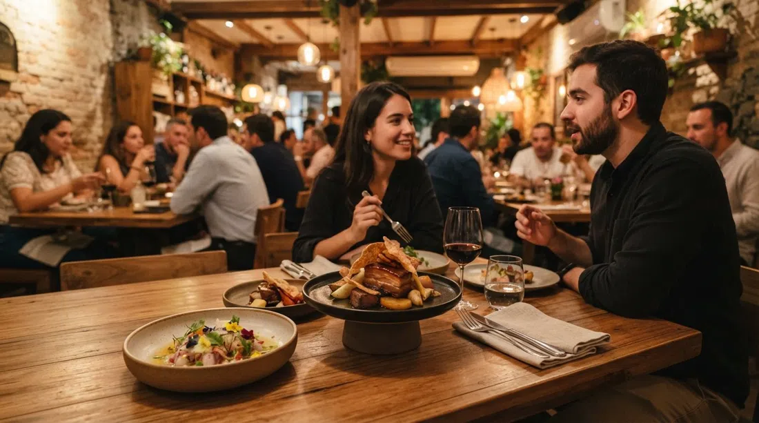 the dining room at El Chato on Calle 65, contemporary Colombian tasting-menu plates on a polished table, warm evening light and a quietly full room