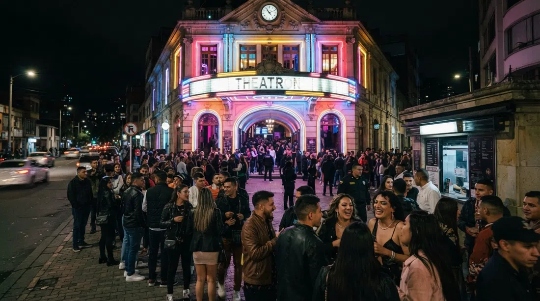 Theatron’s entrance on Calle 58 at night, neon glow and a crowd gathering outside the former theatre before the Saturday drag show