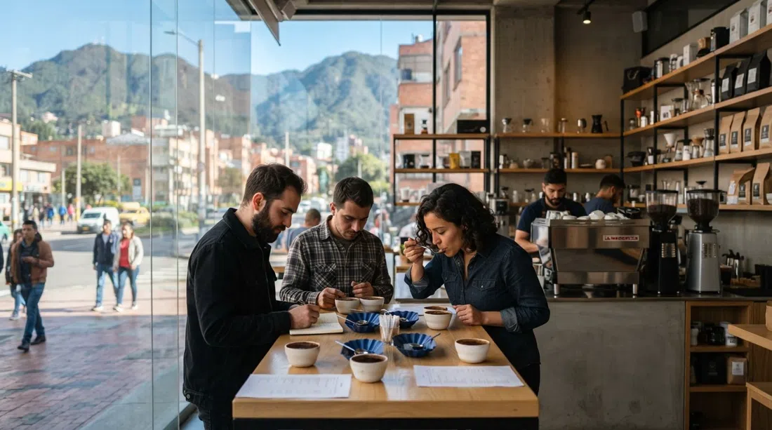 Amor Perfecto’s glass-walled Café Lab in Chapinero Alto, cupping tables, espresso equipment and daylight reflecting off the panes