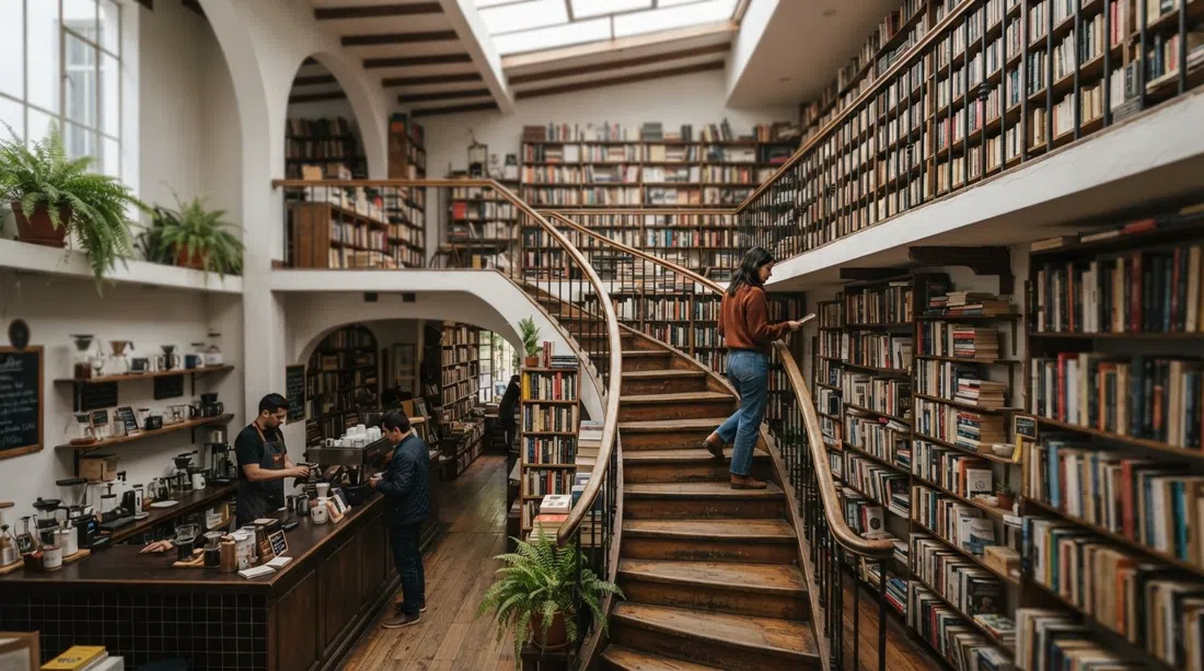 inside Librería Wilborada 1047, three floors of books in a preserved 1943 house with the Café Cultor counter visible on the ground level