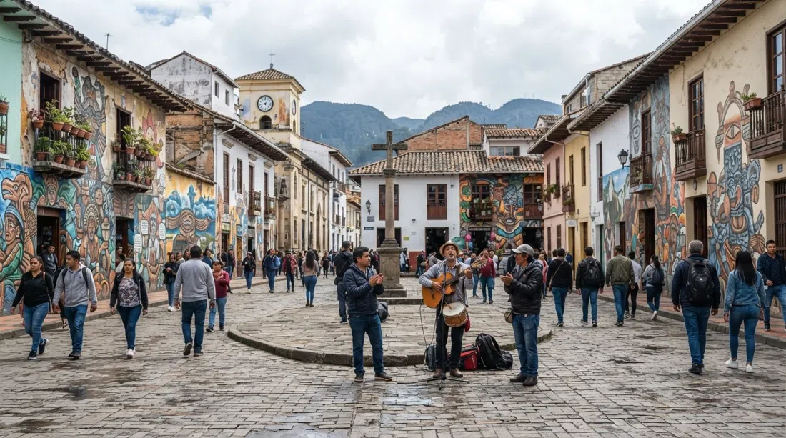Chorro de Quevedo in La Candelaria at daylight, cobbled triangular plaza, muralled walls, colonial facades and a few buskers under a cool Bogota sky