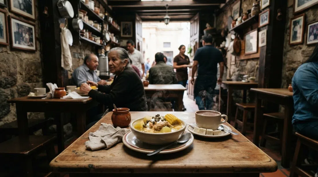 the cramped interior of La Puerta Falsa near the cathedral, a steaming bowl of ajiaco santafereño and a cup of chocolate completo with cheese on a small table