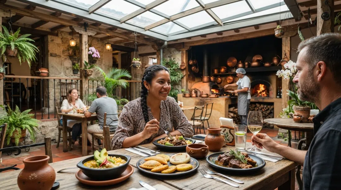 Prudencia’s restored colonial courtyard with a glass roof, elegant tasting plates on the table and warm wood-fired kitchen light in La Candelaria