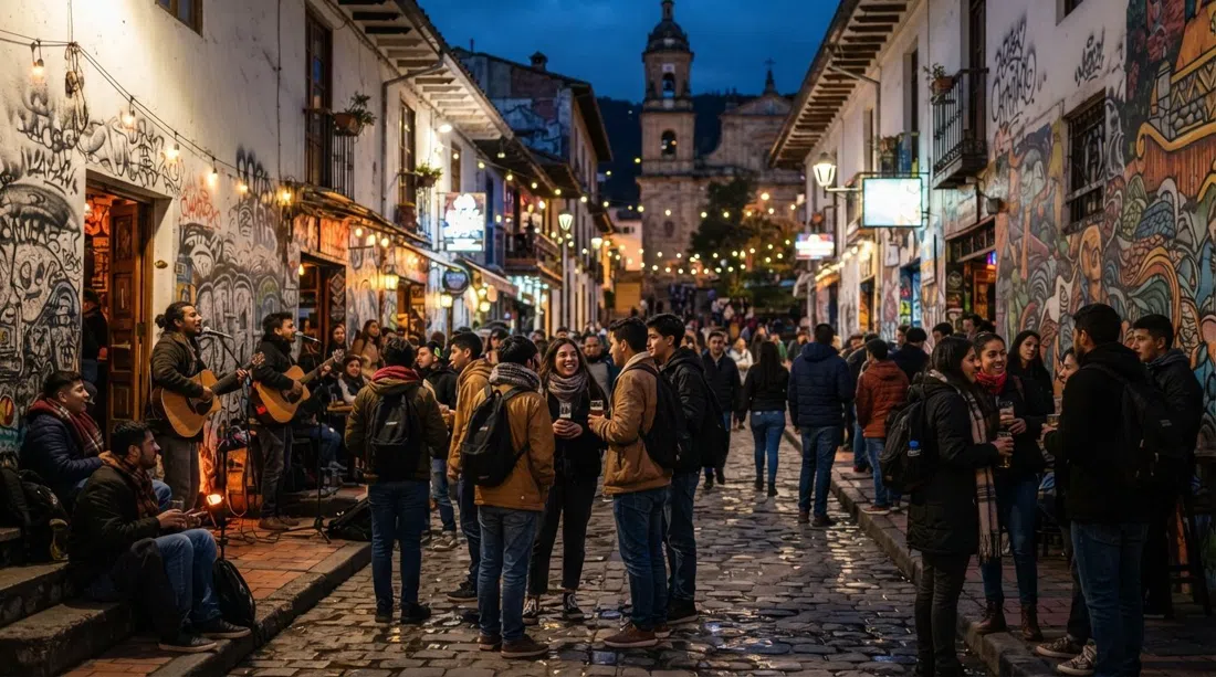 evening at Chorro de Quevedo and Callejón del Embudo, muralled walls, students gathered near small bars, buskers and warm street light on the cobbles