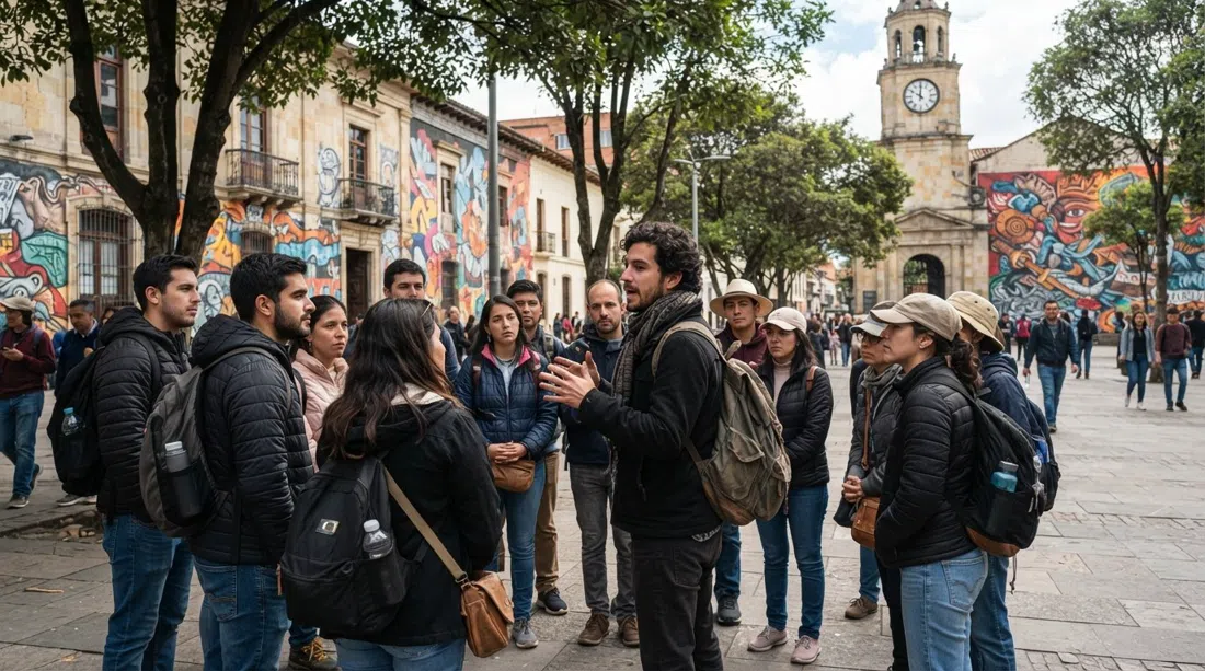 a Bogotá Graffiti Tour group at Parque de los Periodistas, guide speaking under the trees with vivid political murals and colonial facades nearby