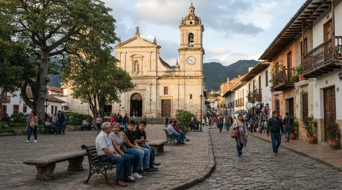 Plaza de Usaquen in late afternoon, shaded benches, the pale facade of Parroquia Santa Barbara and cobbled lanes leading off into low colonial houses