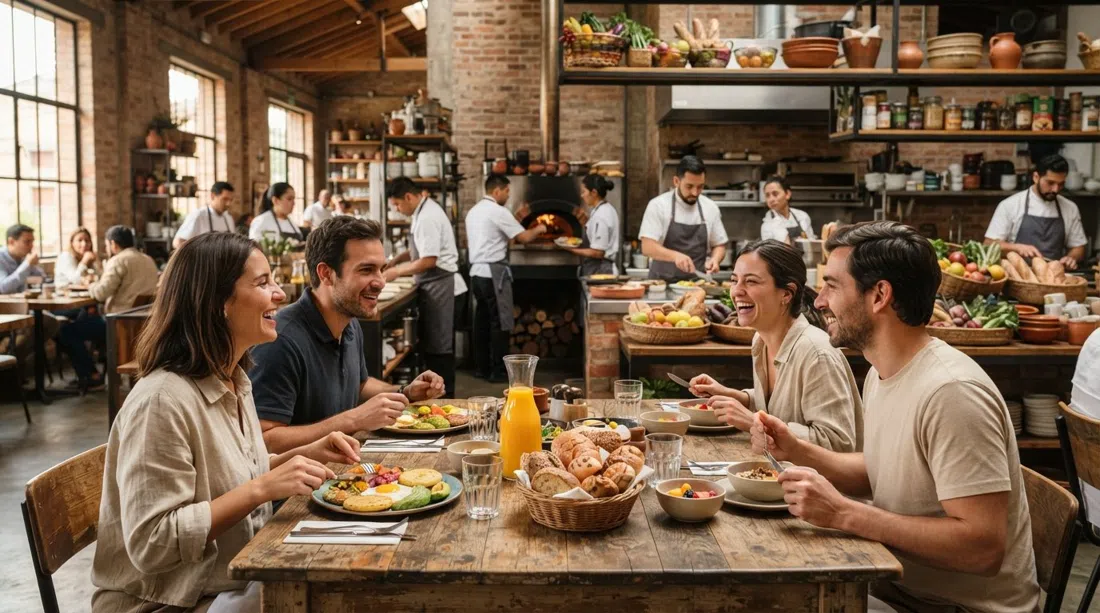 Inside Abasto, an open kitchen in a former grain depot with baskets of house-baked bread, fresh juices and a weekend brunch table set in warm morning light