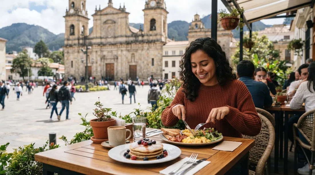 A terrace table at Canasto Picnic Bistro on the plaza, pancakes and eggs on the table with the square and church blurred behind in daylight