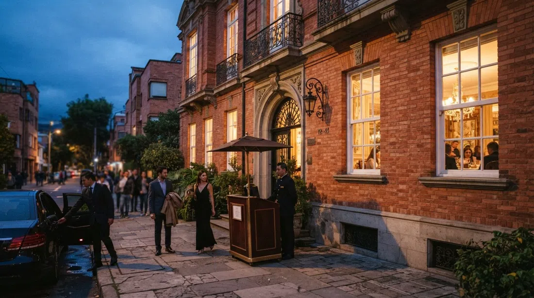 a red-brick mansion on Calle 65 in Zona G at dusk, its warm-lit windows and valet stand signalling a fine-dining arrival