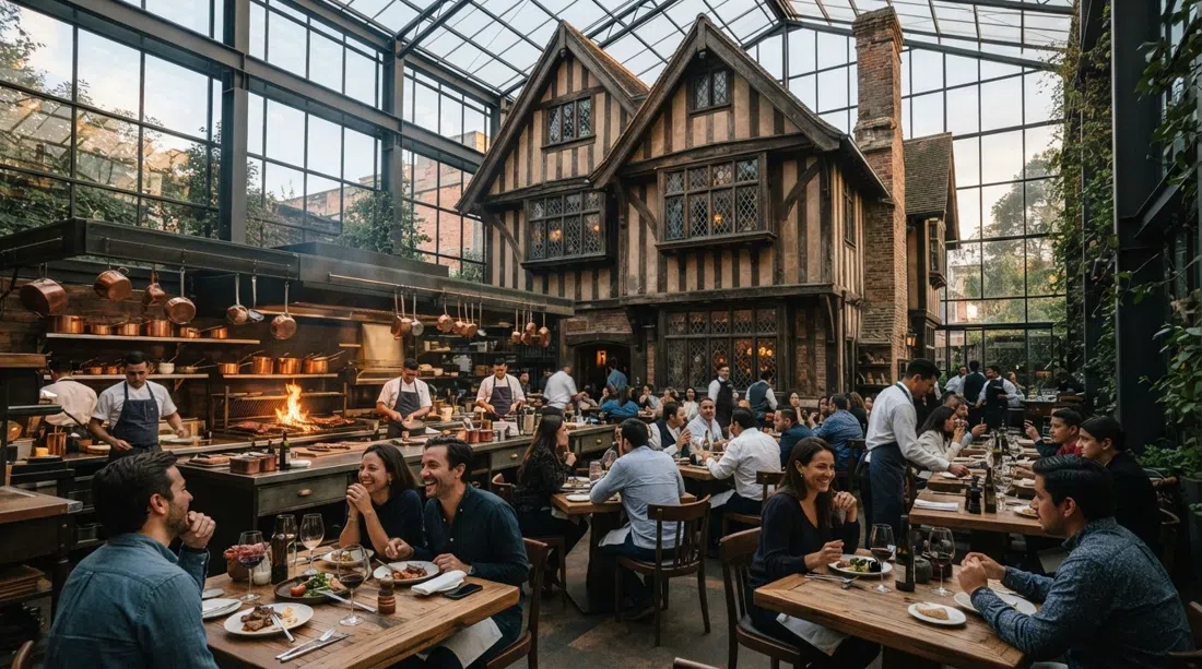 the soaring glass atrium inside Harry Sasson, with a Tudor-style mansion frame and live-fire dining room below