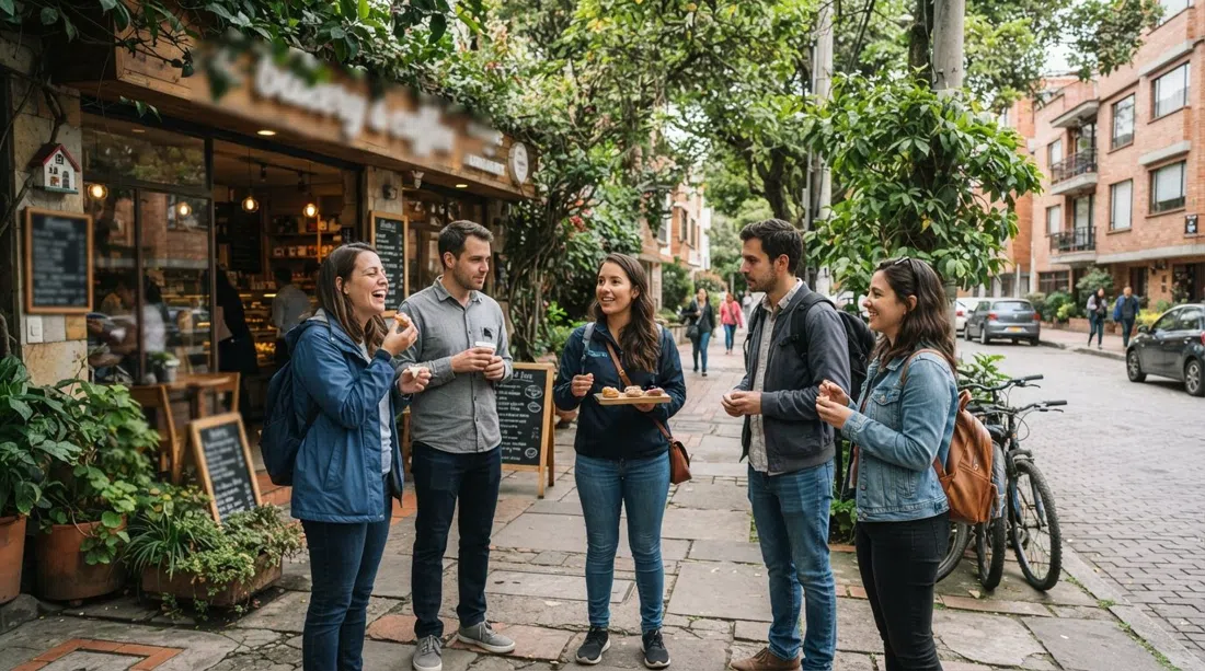 a guided Zona G food tour stop outside a bakery and coffee shop, with guests pausing on a leafy Chapinero street