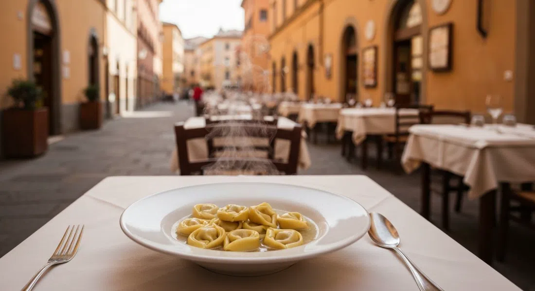 a bowl of tortellini in brodo at Trattoria di Via Serra, steam rising over a simple white tablecloth in warm indoor light