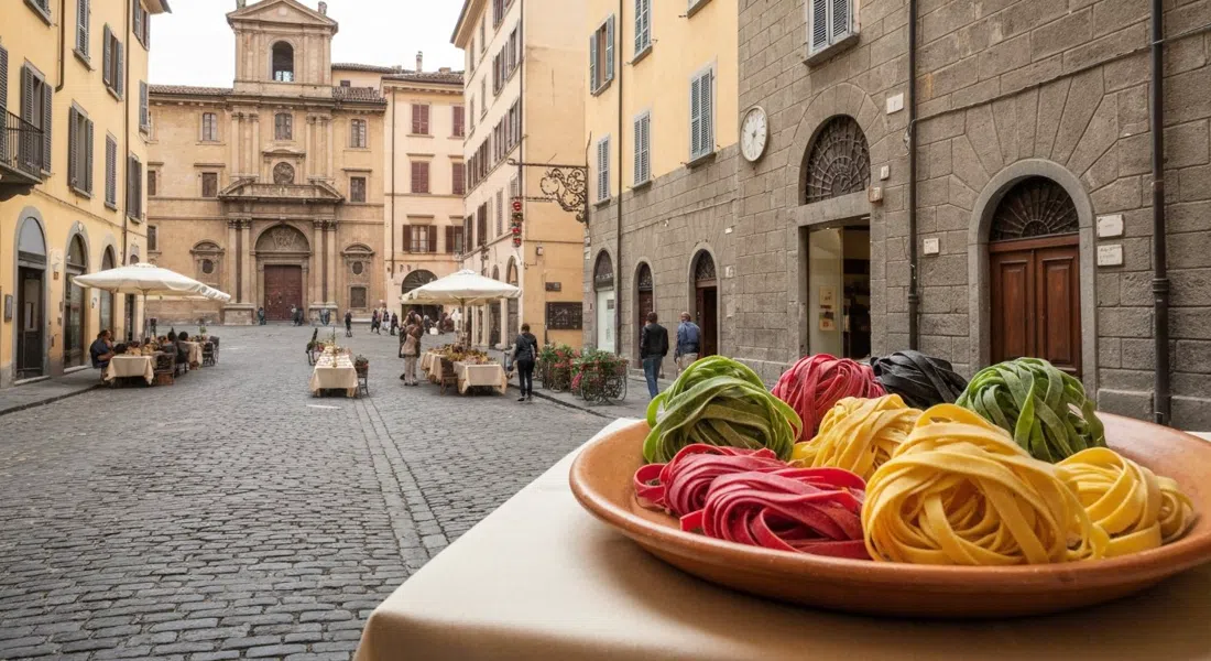 handmade coloured fresh pasta at I Mattarelli, mattarello-rolled ribbons in green, red, yellow and black on a rustic plate