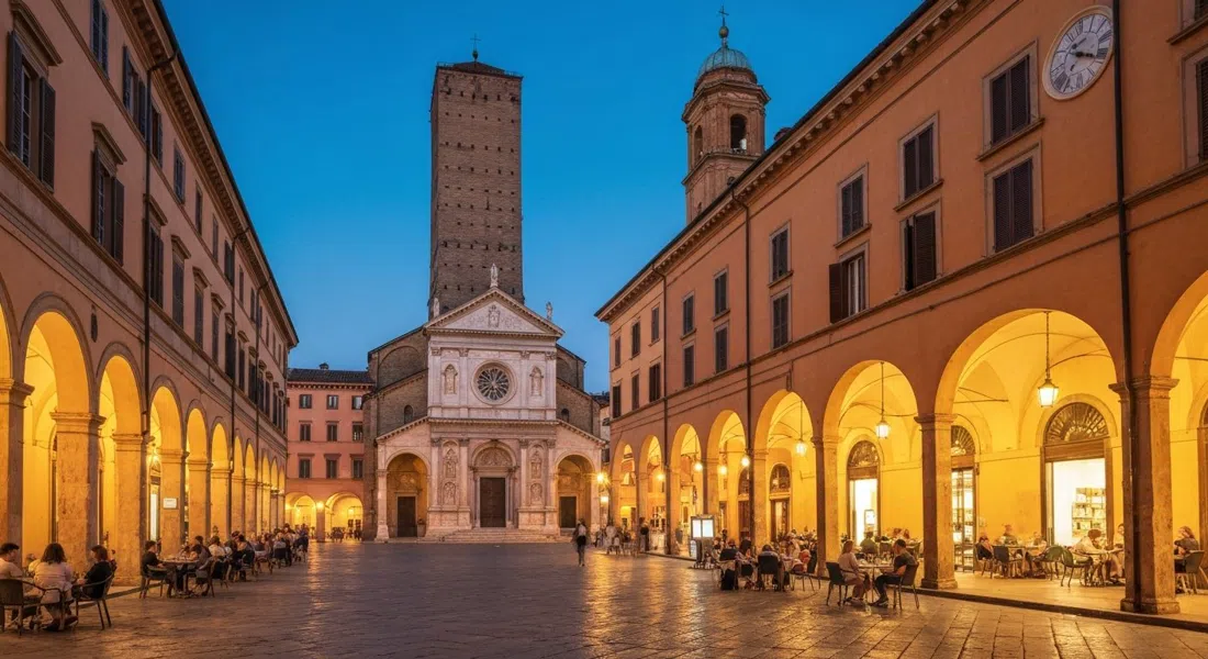 Piazza Santo Stefano at dusk with the triangular square, the Basilica di Santo Stefano on the short side, and porticoes glowing gold as people sit at café tables