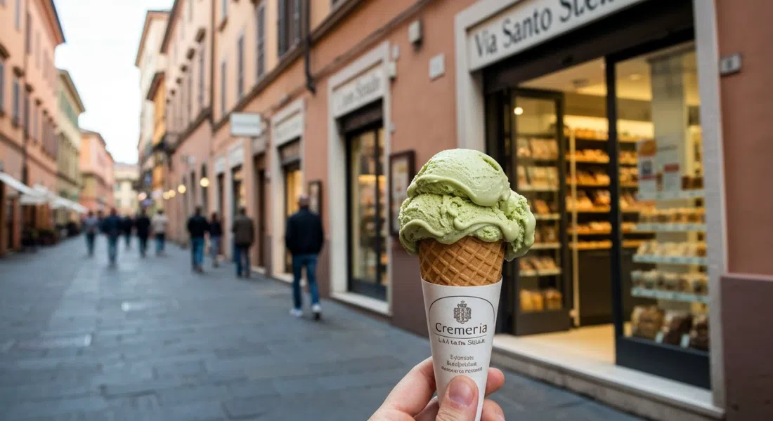 a cone of pistachio gelato from Cremeria La Vecchia Stalla, creamy scoops held in front of the Via Santo Stefano storefront on a late-afternoon walk