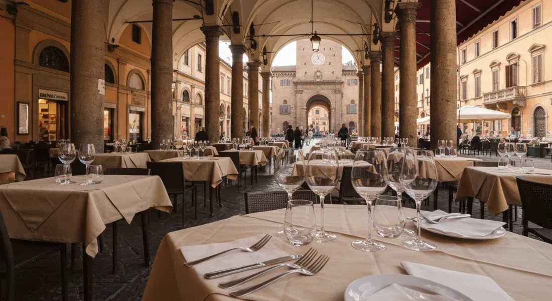 tables of Vineria Favalli set on Piazza Santo Stefano at aperitivo hour, wine glasses catching the last light beneath the arcades