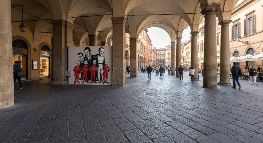 the Arti Povere Pratello mural line on Via del Pratello, with a stark black-and-white Mp5 piece and red-gag figures under Bologna’s porticoes at late afternoon light
