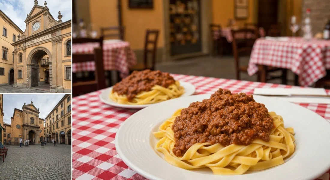a plate of hand-rolled tagliatelle al ragù at Trattoria Fantoni, red-and-white checkered tablecloth, print-lined walls and a close-up of the glossy meat sauce
