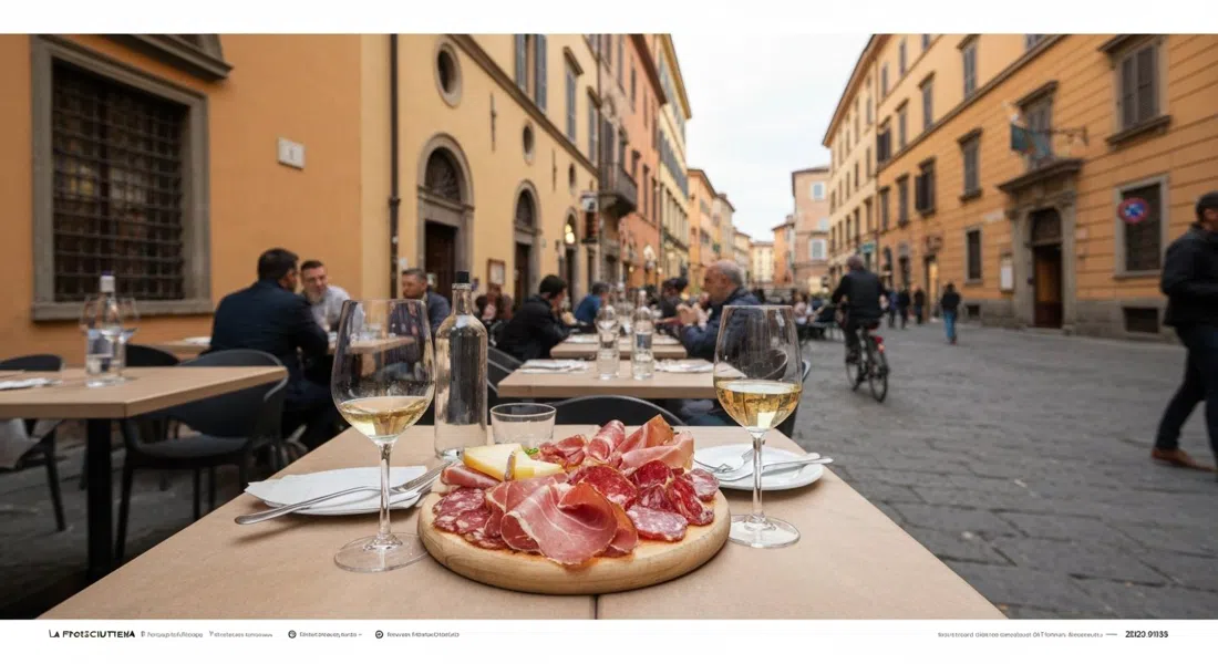 the charcuterie board at La Prosciutteria on Via del Pratello, cured meats and cheeses with glasses of wine by the glass on a busy aperitivo table