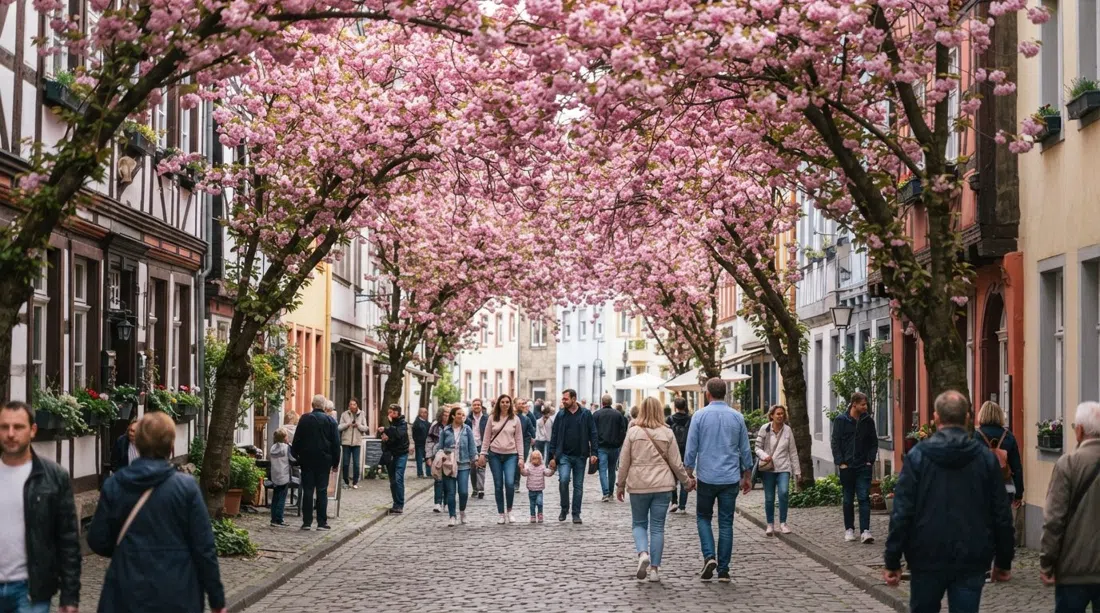 Heerstraße in Bonn’s Altstadt under a full cherry blossom canopy at peak bloom, pedestrians beneath dense pink Kanzan branches and façades half-hidden by petals