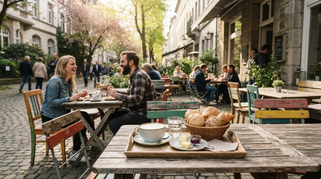 Café Pawlow on Heerstraße 64 with mismatched chairs, a sun terrace facing the lane and a breakfast tray with bakery rolls and a bowl-sized café latte