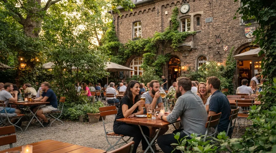 the protected brick hall of Bierhaus Machold on Heerstraße 52, with summer light in the leafy back garden and tables set for an early evening drink