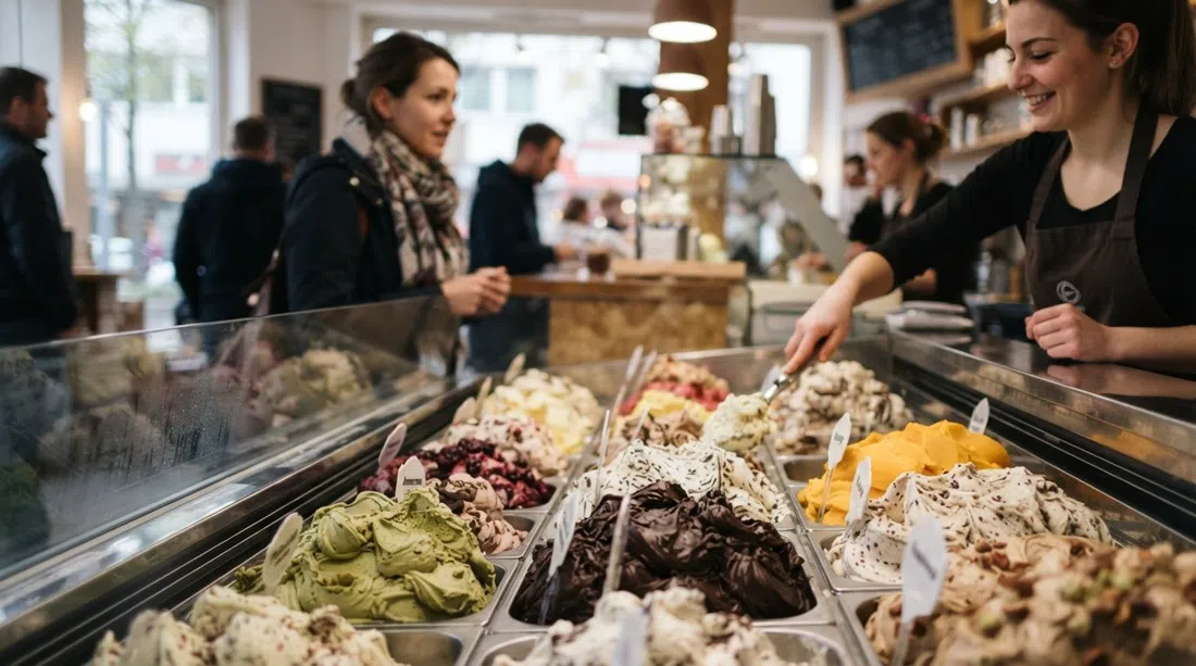 a close-up of a daily-changing gelato selection at EisLabor on Maxstraße 16, vivid handcrafted scoops in the display case under soft indoor light