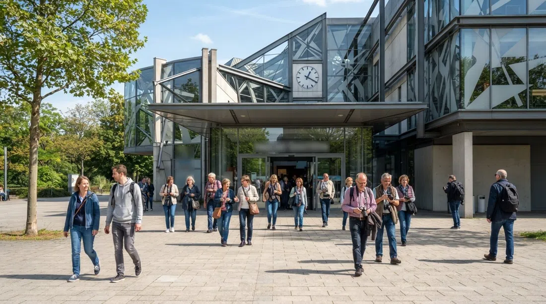 the entrance and forecourt of Haus der Geschichte in Bonn on a bright daytime scene, with visitors arriving beneath the museum’s modern façade
