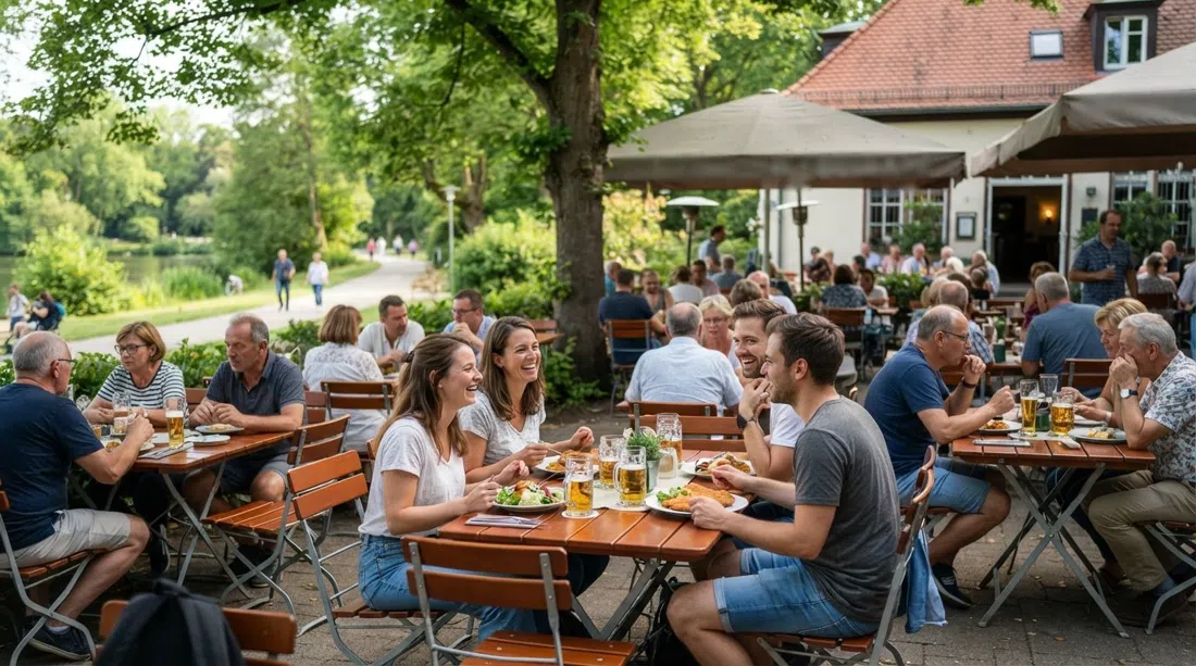 Parkrestaurant Rheinaue in Bonn during summer, with outdoor tables, beer garden seating and the green edge of the Rheinauensee nearby