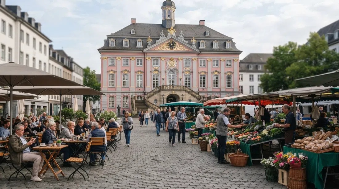 the Marktplatz in Bonn’s Zentrum beneath the pink Baroque Altes Rathaus, with market stalls and café tables in soft morning light