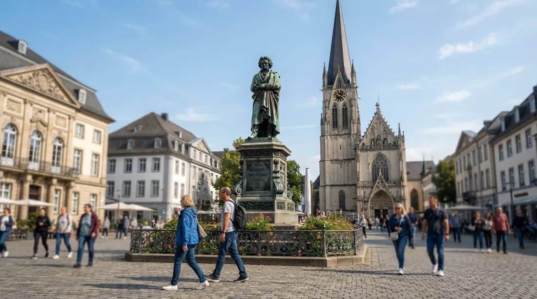 Beethoven’s bronze monument on Münsterplatz in Bonn, framed by the open square and the Minster’s soaring spire on a clear afternoon