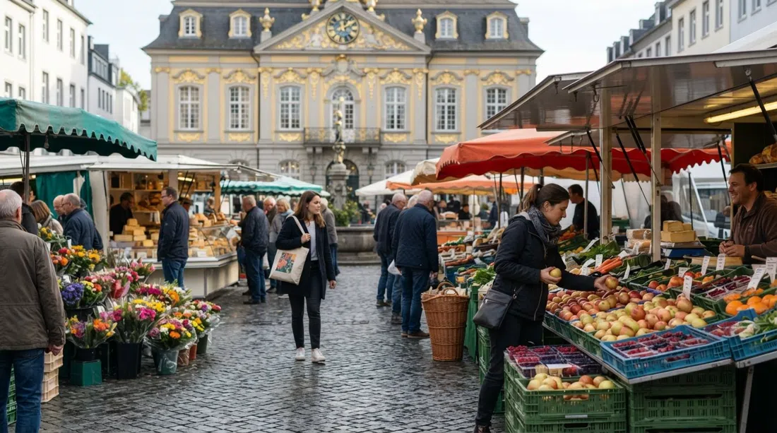 the daily market on Bonn’s Marktplatz, with fruit, flowers, cheese and street-food stalls busy on a weekday morning