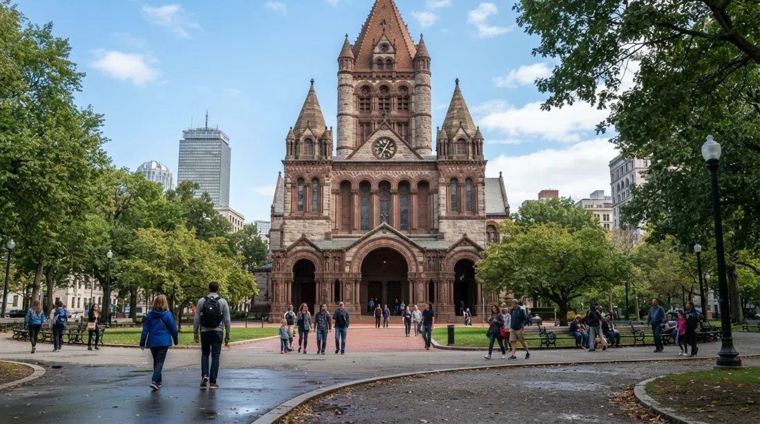 Trinity Church in Copley Square, Boston, with its rough stone arches and central tower framed by the square on a clear daytime street scene