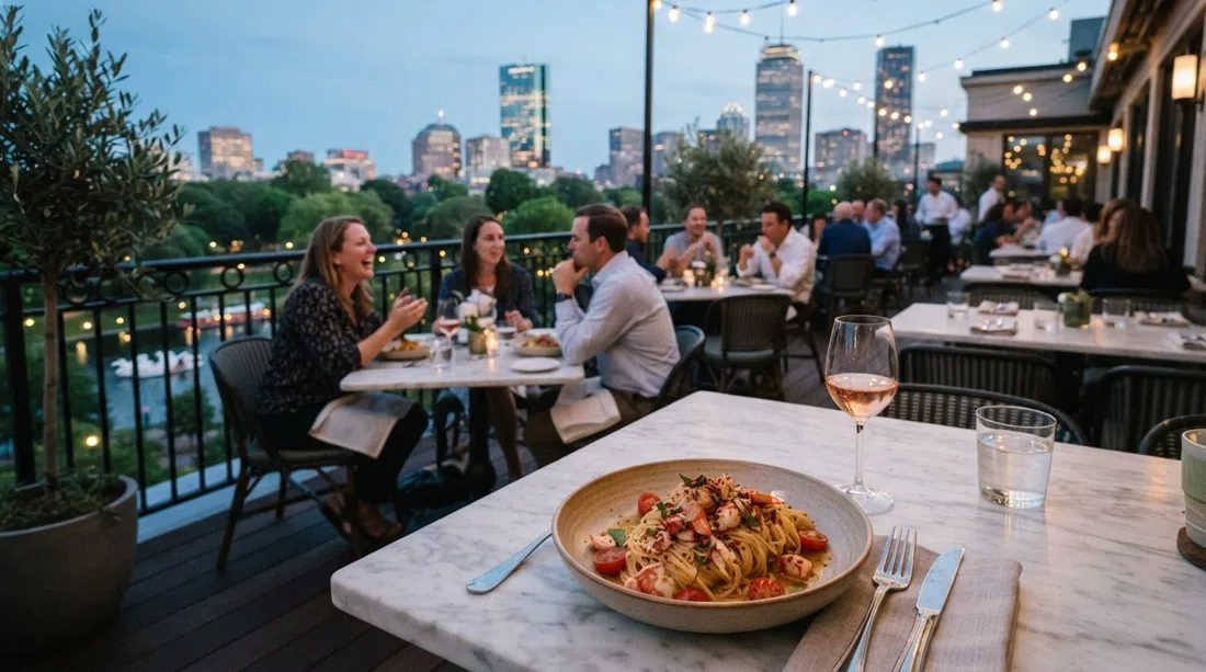the rooftop terrace at Contessa atop The Newbury, with the Public Garden spread below and a plated spicy lobster capellini in the foreground at dusk