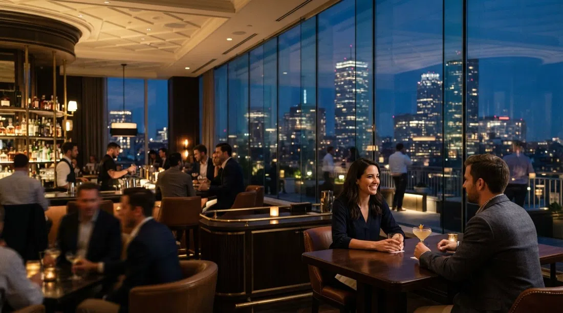 the 17th-floor Long Bar & Terrace at Raffles Boston, with a skyline terrace and evening city lights beyond the glass