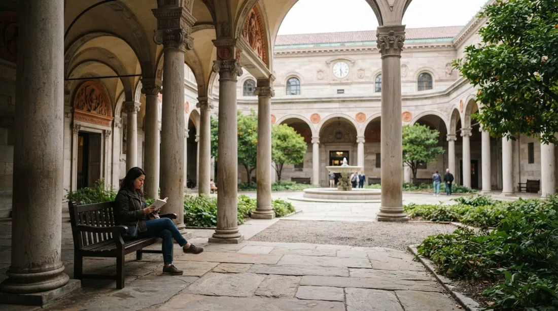 the Boston Public Library’s Italianate courtyard, with arcades, stone columns and a quiet seated visitor in soft daylight