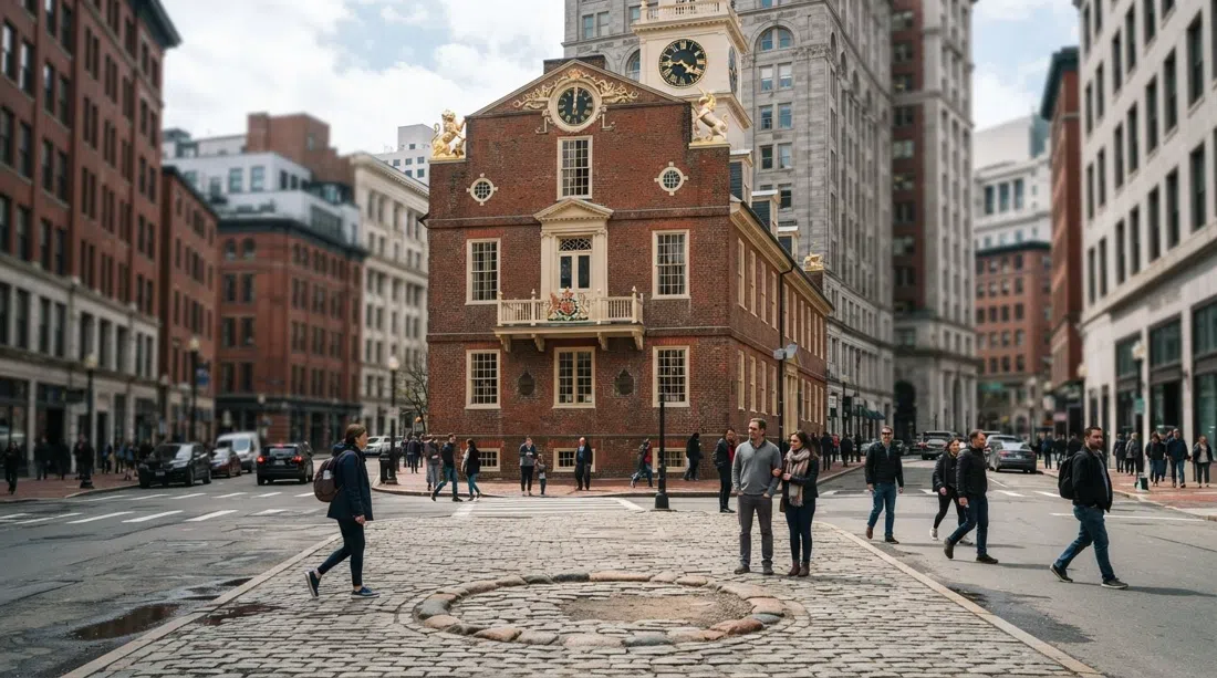 the Old State House at Washington and State, its 1713 brick facade on a traffic island with the Boston Massacre cobbles visible below the balcony in daylight