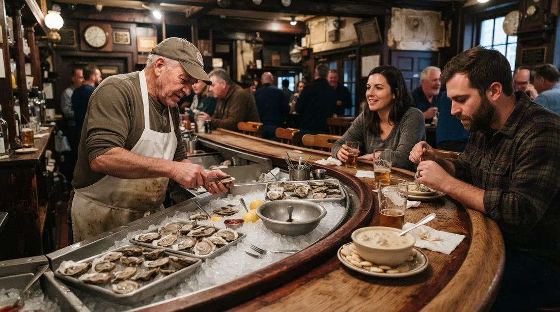 the ground-floor oyster bar at Union Oyster House on Union Street, with oysters on ice, a bowl of clam chowder and the compact, old-room atmosphere in warm indoor light