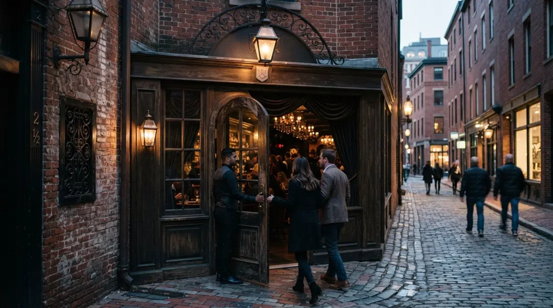 the hidden entrance to Yvonne’s at 2 Winter Place, with the faux salon door opening into a velvet-lit supper club atmosphere at dusk